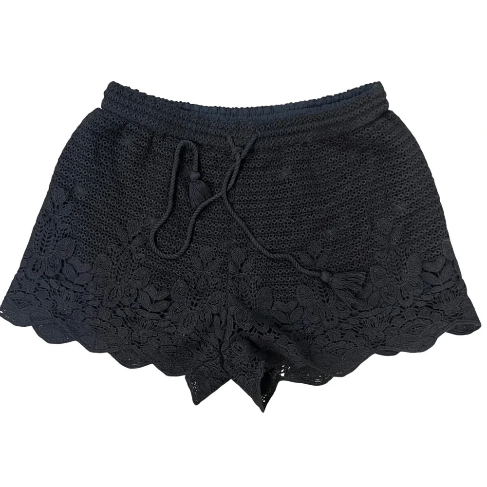Abercrombie & Fitch Black Crochet Lace Tassel Shorts Floral Scalloped Small Boho